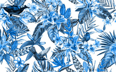 Tropikalny kwiatowy wzór. Ręcznie malowane akwarela egzotyczne liście, kwiaty i ptaki, na, niebieskie odcienie białe tło. Projektowanie tkanin. - 156621508