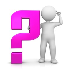 question mark pink 3d interrogation point asking sign isolated on white background with man as stickman in thinker pose or with idea gesture colored for business presentations or internet