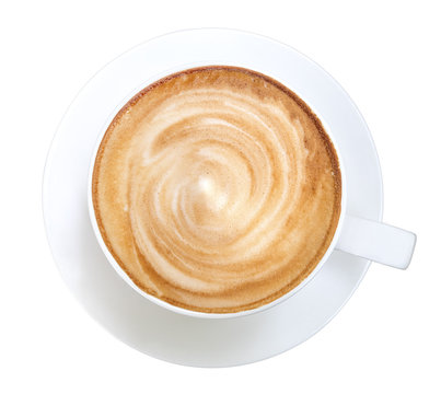 Top view of hot coffee latte cappuccino spiral foam isolated on white background, clipping path included