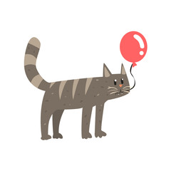 Cute cartoon gray cat holding red balloon Happy Birthday colorful vector Illustration