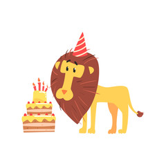 Cute cartoon lion in a party hat and birthday cake. Happy Birthday colorful vector Illustration