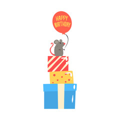 Cute cartoon mouse sitting on colorful gift boxes and holding red balloon. Happy Birthday colorful vector Illustration