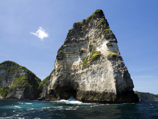 Fototapeta na wymiar Limestone rocks covered with greenery, west coast of Penida island, Indonesi