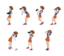 Vector Illustration of photographer taking a photo using camera. Flat illustration of young female character standing full length and shooting. Character set.