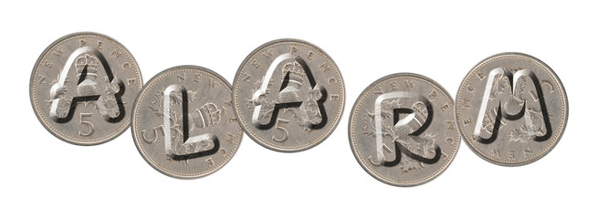 ALARM – Coins on white background