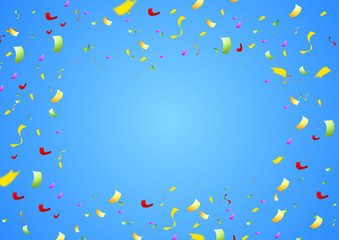 Colorful shiny confetti on bright blue background