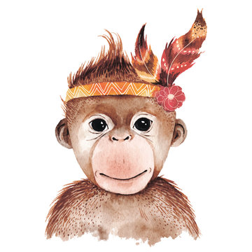 Watercolor monkey portrait