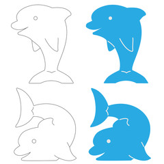 Children's illustration of the contours of dolphins and an example of their simple coloring in two colors