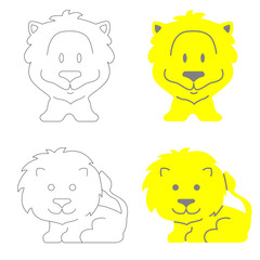 Children's illustration of the contours of lions and an example of their simple coloring in two colors