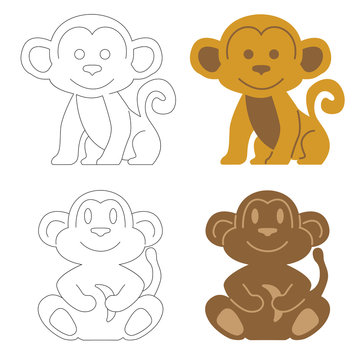 Children's illustration of the contours of monkeys and an example of their simple coloring in two colors