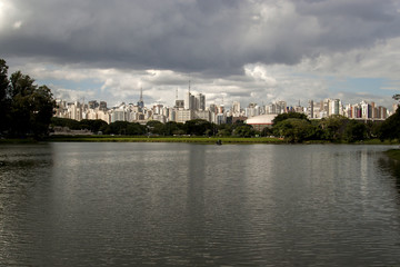 Obraz premium sao paulo buildings cityscape viewed from Ibirapuera park with lake and trees