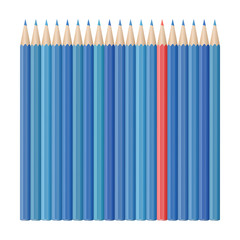 Single red pencil stands out amongst many blue pencils. School supplies concept. Vector illustration