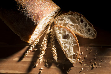 Slices of bread on the wooden table