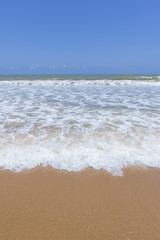 sea wave with foam coming on a sandy beach on a sunny summer day with blue sky