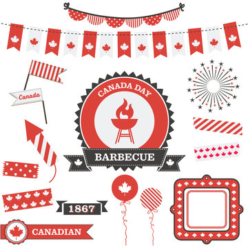 Collection of patriotic canadian graphic elements. Badges, banners, graphic elements and labels celebrating Canada Day. First of July Clip Art.