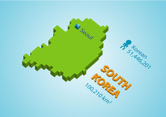 isometric south korea map with information including population, capital and area