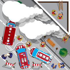 Fototapeta premium The fire in the building. View from above. Vector illustration.