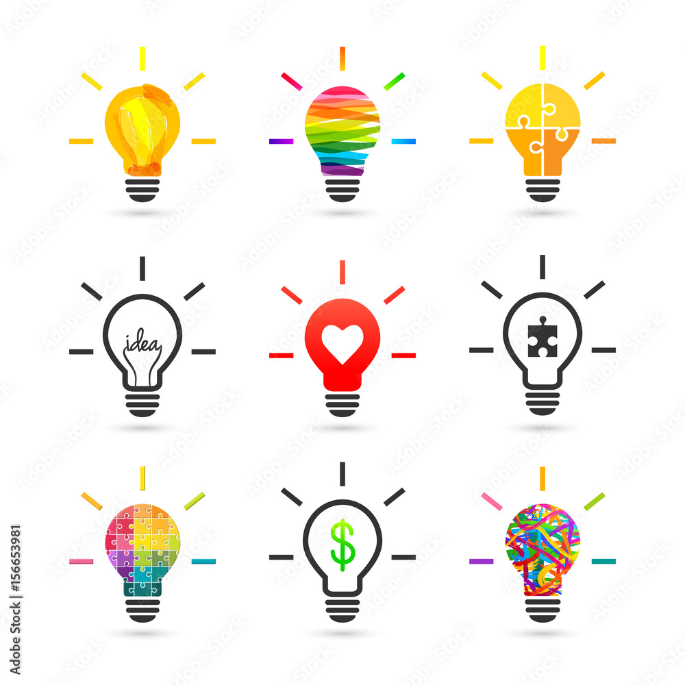 Wall mural light bulb concept. set made of various design and style.