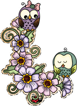 Cute couple owls with flowers
