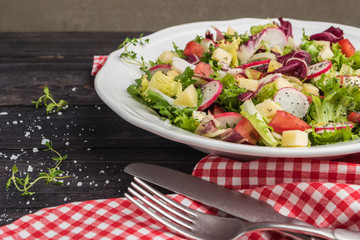 Fresh salad with mixed greens, radish, cheese and tomato in a plate on wooden background. Italian Mediterranean or Greek cuisine. Vegetarian vegan food