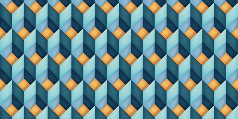 Volume realistic vector texture, diamonds, geometric pattern, turquoise cubes with orange bottom