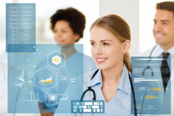 happy doctor over group of medics at hospital