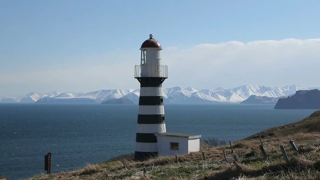 Petropavlovsky Lighthouse (founded in 1850) - oldest lighthouse in Russian Far East, located on Cape Mayachny on Kamchatka on shore of Avacha Gulf in Pacific Ocean, in vicinity of Petropavlovsk City.