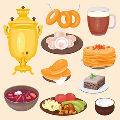 Traditional Russian cuisine culture dish course food welcome to Russia gourmet national meal vector illustration