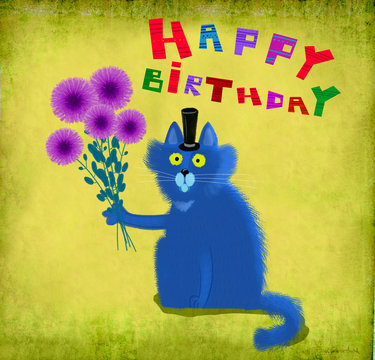 Birthday Card Cat With Top Hat Holding Flowers