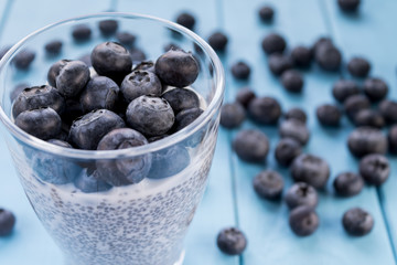 Freshly picked blueberries in milk yogurt with chia seeds