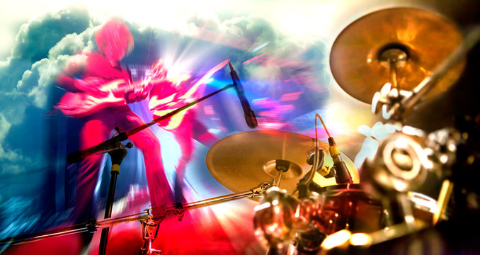 Stage lights.Double exposure abstract musical background.Playing guitar and concert concept.