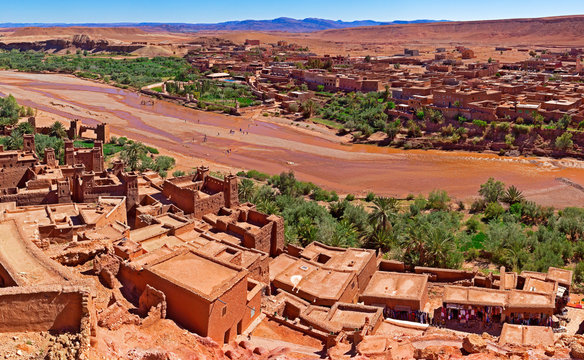 Ouarzazate.Morocco travels and architecture.Village and river.
Landmark scenic landscape Marrakech.Sunset scenery.adventure traveling.Africa adventure trips.