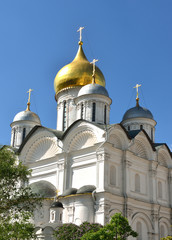 Fototapeta na wymiar Domes of Russian Orthodox church dedicated to Archangel Michael at Cathedral Square in Moscow Kremlin, Russia. Spring