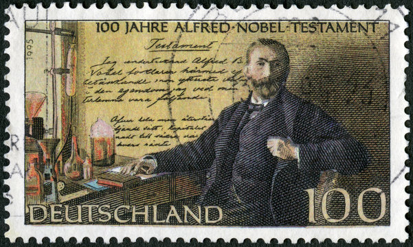 GERMANY - 1995: shows Alfred Bernhard Nobel (1833-1896), in laboratory, Nobel Prize Fund Established