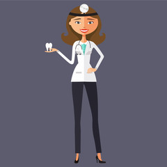 The dentist is presenting a tooth vector flat cartoon illustration.