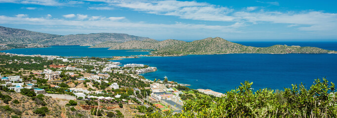 Greece Crete, turquoise bay panorama from top of hill
