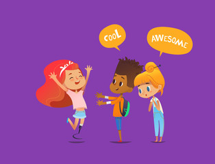 Laughing girl joyfully jumps on her prosthetic leg, her friends look at her in amazement. Concept of active life of lower limb amputee. Vector illustration for banner, poster, website, advertisement