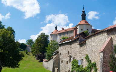 View to the castle and walls of Skofja Loka Castle, Slovenia