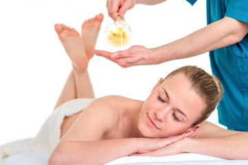 Obraz na płótnie Canvas Man Therapist massaging female back. Relaxing spa procedures. Pleasure, rest, body care, beauty, alternative medicine concept