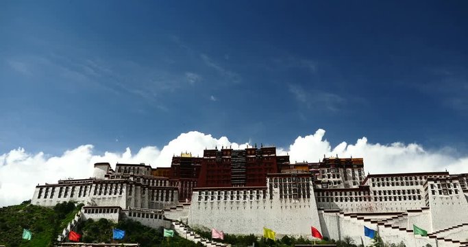 4k time lapse white puffy cloud mass rolling over Potala in Lhasa,Tibet.