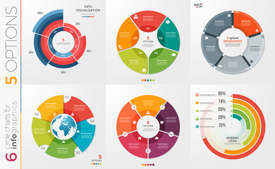 Collection of 6 vector circle chart templates for infographics with 5 options. - obrazy, fototapety, plakaty