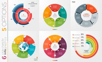 Foto op Plexiglas Collection of 6 vector circle chart templates for infographics with 5 options. © rikkyal
