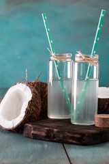 Fresh Organic Coconut Water in a Glass. Food background