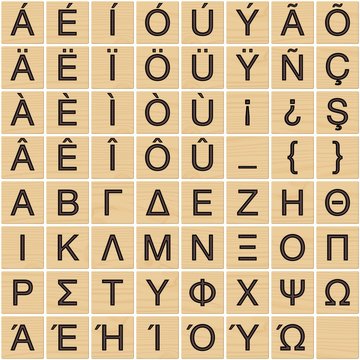 Latin/greek alphabet on wooden tiles (2/3)