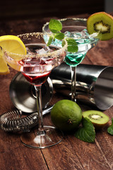 Colorful cocktails on the bar table in restaurant.