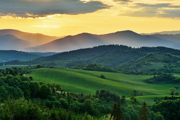Spring forest and meadows landscape in Slovakia. Evening scenery panorama. Fresh trees and...