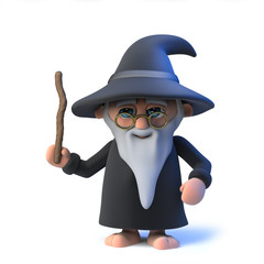 3d Funny cartoon wizard magician character waves his wand in greeting