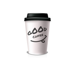  Good coffee for take-out. White paper cup with black cap and cup holder

