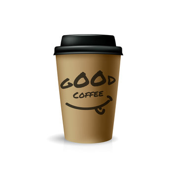 Good coffee for take-out. Brown paper cup with black cap
