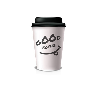  Good coffee for take-out. White paper cup with black cap and cup holder

